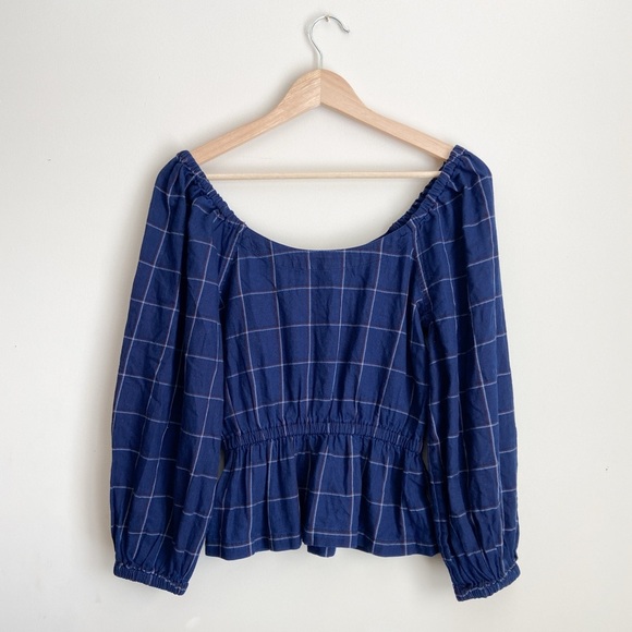 NWT Madewell Blue Smocked Peplum Blouse with 3/4 Sleeves - Picture 1 of 5
